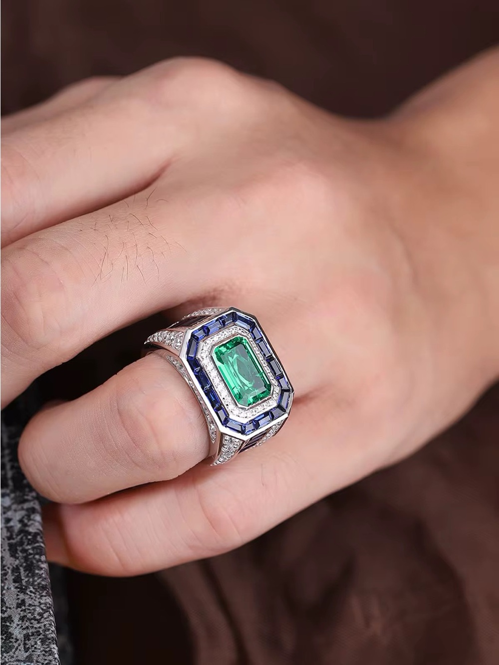 Huge Emerald Cut Natural Emerald Men’s Cocktail Ring with Blue and white Accents